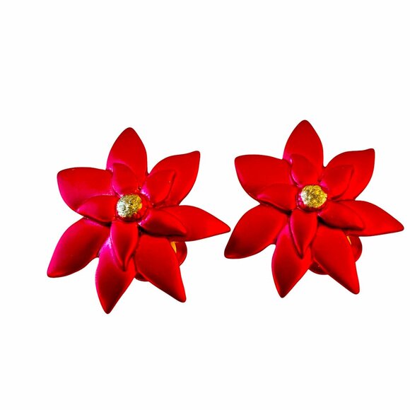 Vintage Red Matte Poinsettia Flower Clip-on Earrings - Picture 5 of 11
